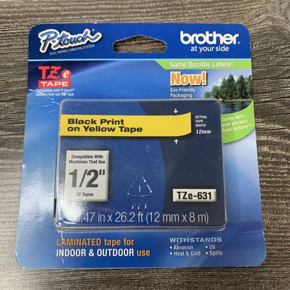 Brother Tze631 Adhesive Tz Tape (R) Cartridge 0.47"X26-1/5Ft., Black/Yellow - Picture 1 of 2